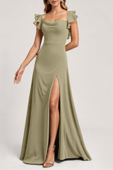 Olive Langes Brautjungfernkleid mit Rüschen und Schlitz